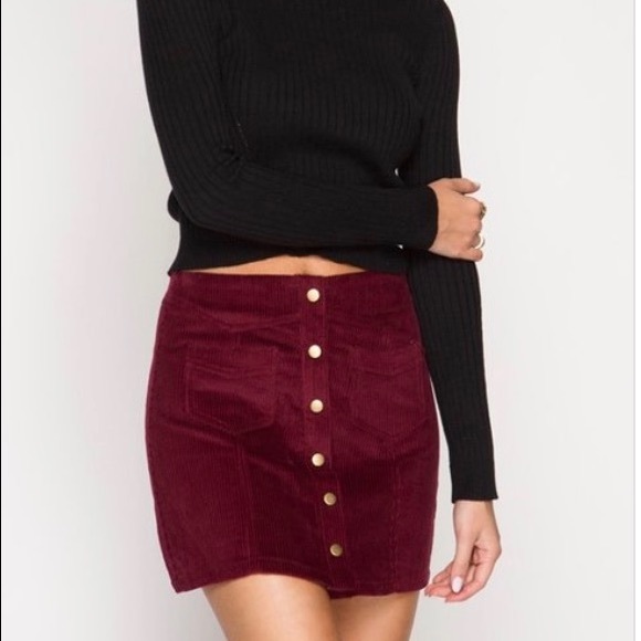 Corduroy Button Front Skirt- Wine - Picture 4 of 4